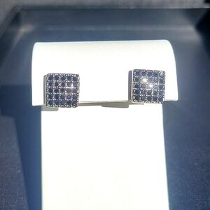 Swarovski Signed Black Rhinestone Paved Square Gun Metal Gray Silver Earrings